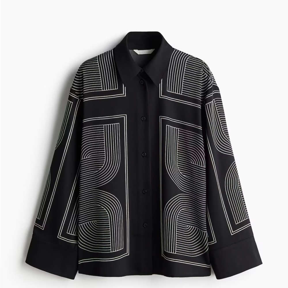 H&M Black Button-Up Shirt with White Geometric Print